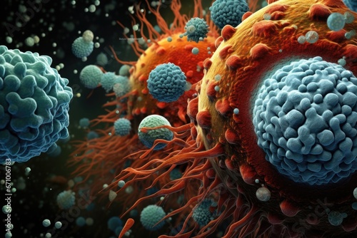 3d render of virus in abstract background. Virus cells close up, Witness the immune system's fight against pathogens in stunning imagery, AI Generated photo