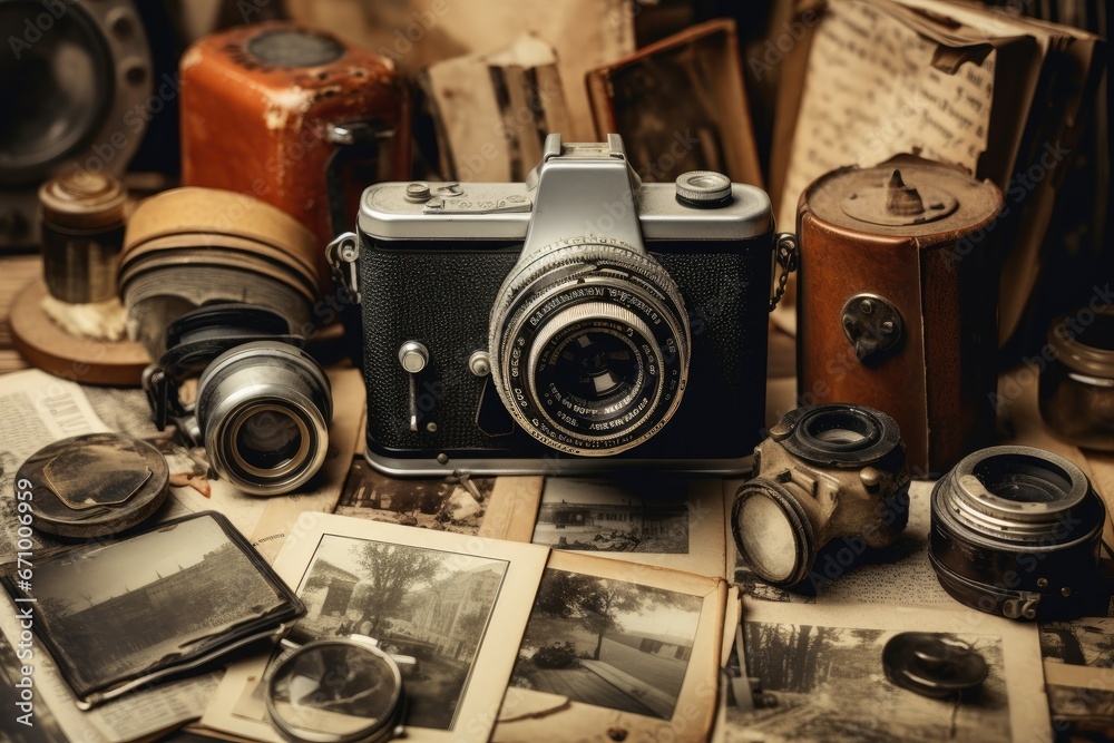 Vintage camera and old photos on the background of an old map, Vintage Camera And Old Photographs, AI Generated