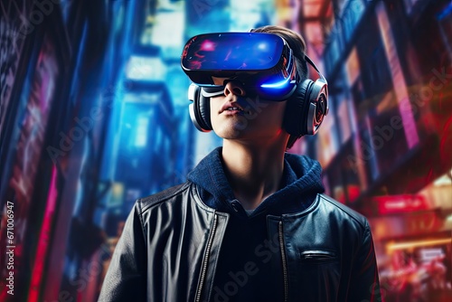 Portrait of a young man in virtual reality glasses. 3D rendering, Young man rear view with virtual reality headset or 3d glasses. Mixed media, AI Generated © Ifti Digital