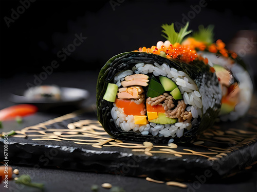 delicious homemade korean kimbap rolls on black sesame plate with healthy vegetable ingredients and tasty egg slices, a traditional asian cuisine meal photo