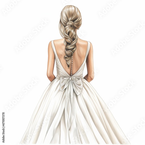 illustration of crayon drawing of a bride back view simple and elega, Generative ai