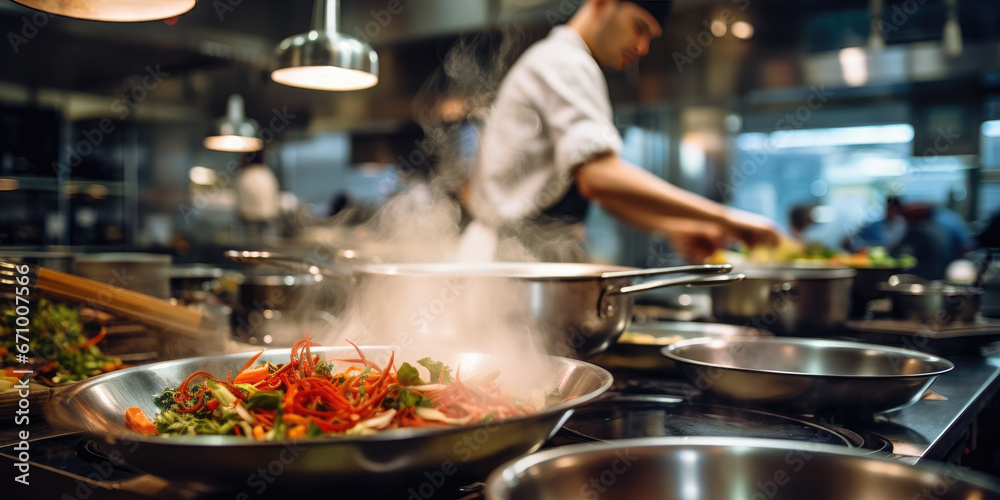Gourmet food being prepared in restaurant kitchen, with hot frying pan and flames
