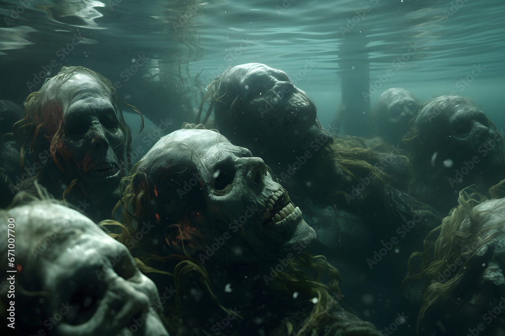 Group of zombies sleeping underwater. Neural network generated image. Not based on any actual person or scene.