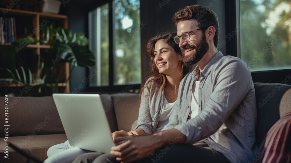 happy couple watching computer laptop sitting on the sofa in living room, Generative AI
