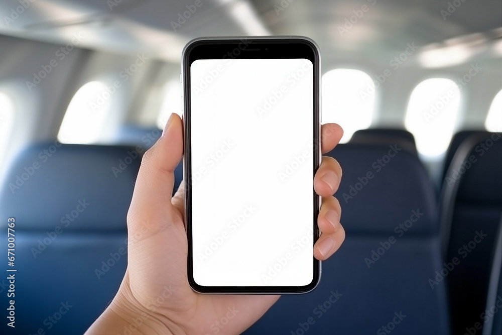 man hand hold white blank screen mobile phone in airplane cabin