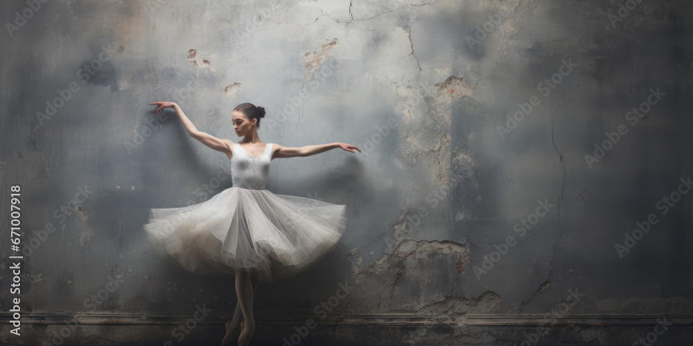 Ballerina dancing in tutu with rustic derelict wall in the background Ballerina dancing in tutu with rustic derelict wall in the background