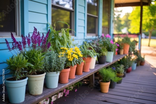 native plants in colorful pots on farmhouse porch