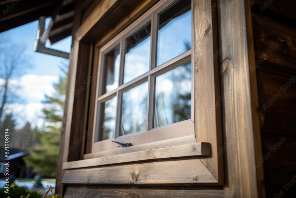 Fototapeta premium close view of wooden cladded window of saltbox