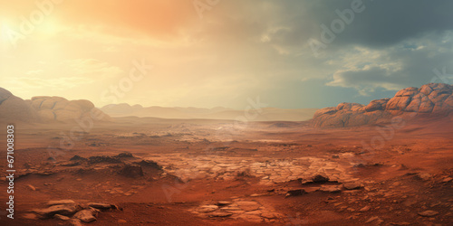 The orangey, red, barren landscape of Mars at sunset  photo
