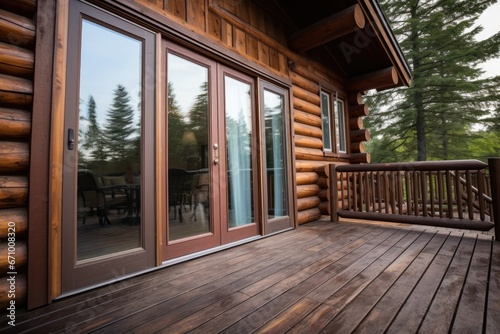 close shot of log cabin balcony doors
