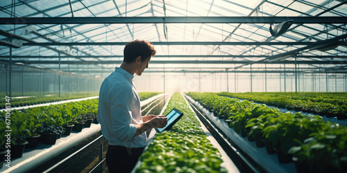 Farmer studying plant data on iPad in hydroponic hi-tech greenhouse, 