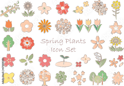 春の植物のアイコンセット　主線あり・ふんわりタッチ