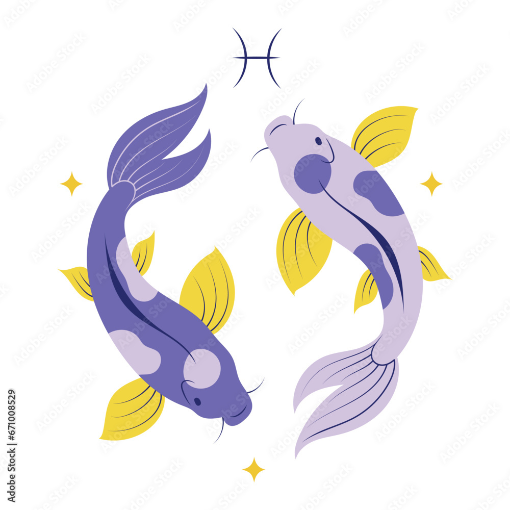 Pisces, twelfth zodiac sign in Astrology. Isolated vector illustration in flat design Pisces, twelfth zodiac sign in Astrology. Isolated vector illustration in flat design