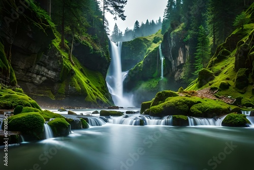 Vibrant jungle waterfall surrounded by lush vegetation - AI Generative photo