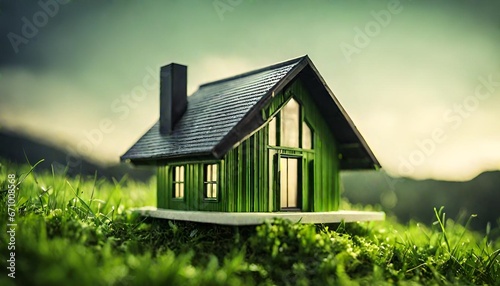 Eco House In Green Environment. Miniture House On Grass. photo