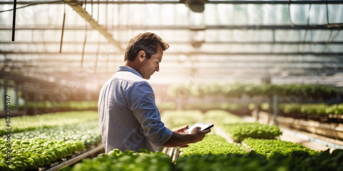 Farmer studying plant data on iPad in hydroponic hi-tech greenhouse, 