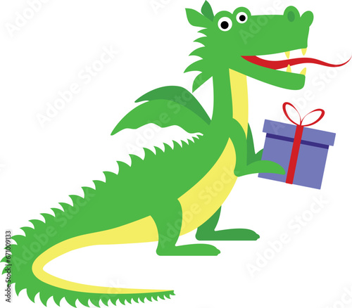 Vector dragon with a gift in flat style. Element for children s themed parties  cards  congratulations. Children s illustrations.