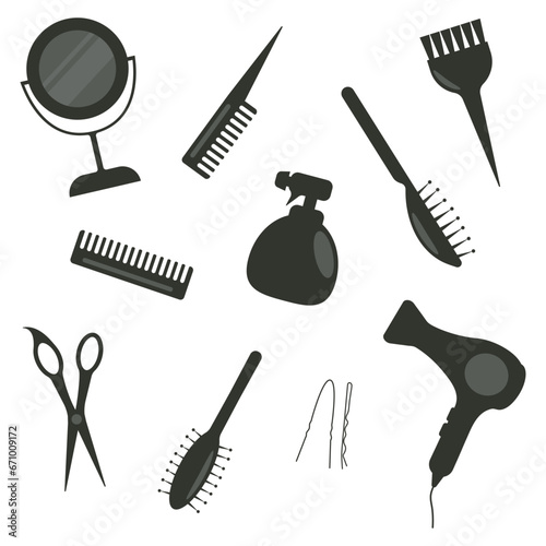 Hairdresser's set - silhouettes in black. Hairbrush, scissors, mirror, brush for coloring, spray bottle, hairpins, fan.