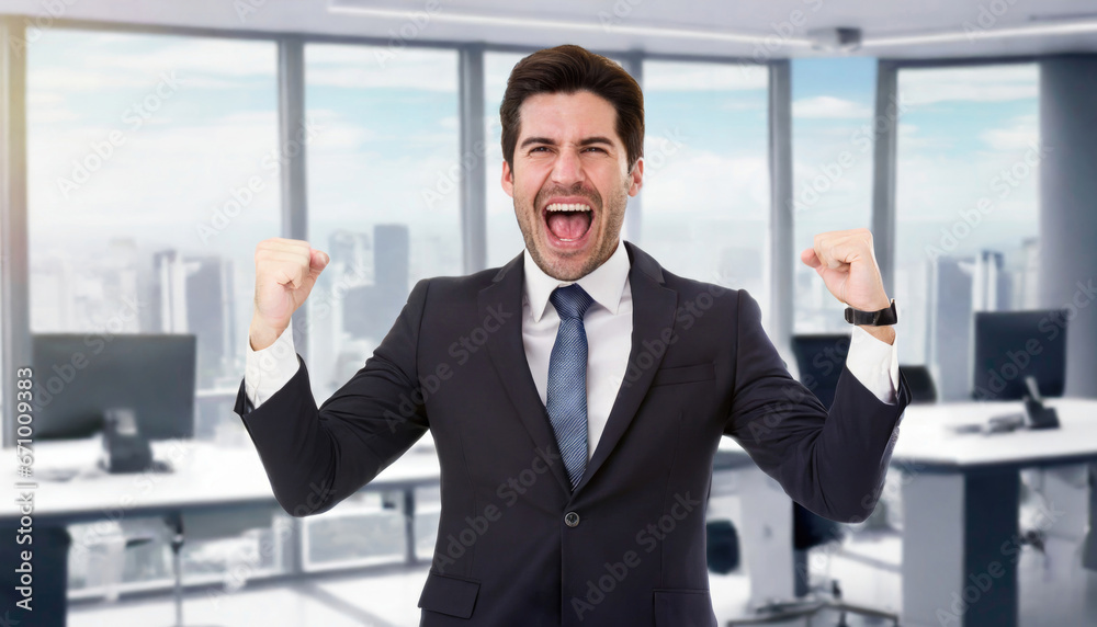 Mid adult elegant business manager screaming cheerfully and pumping fists while celebrating success in office Mid adult elegant business manager screaming cheerfully and pumping fists while celebrating success in office