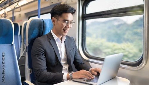 Smiling young businessman working on laptop while traveling on passenger train © Marko