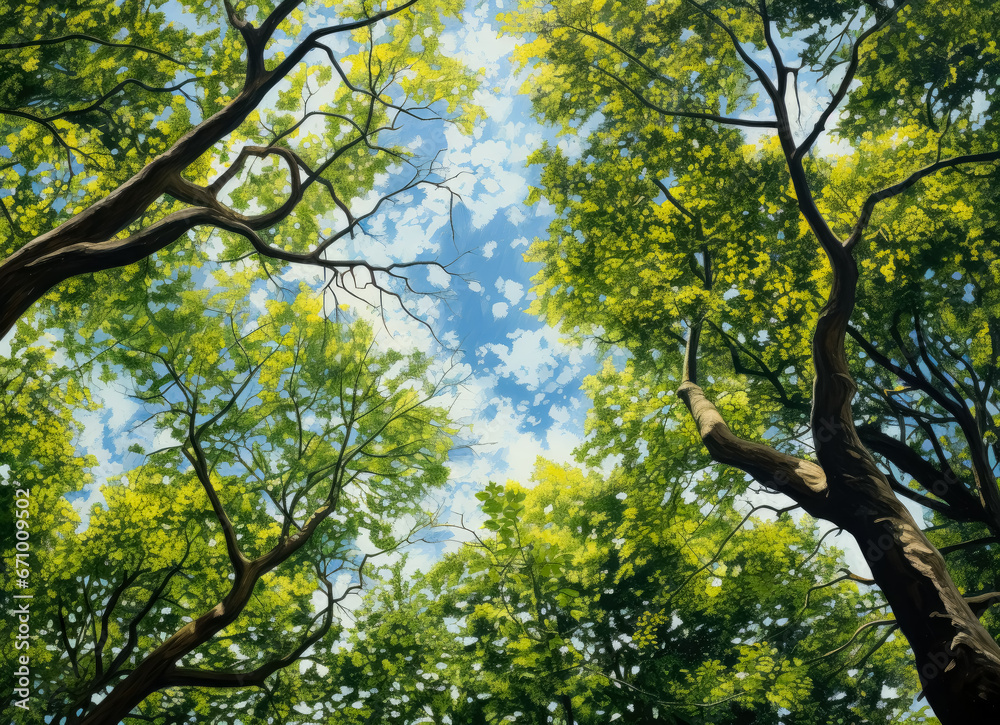 Open canopy trees with green foliage looking into the sky, green and yellow sycamores. Open canopy trees with green foliage looking into the sky, green and yellow sycamores.