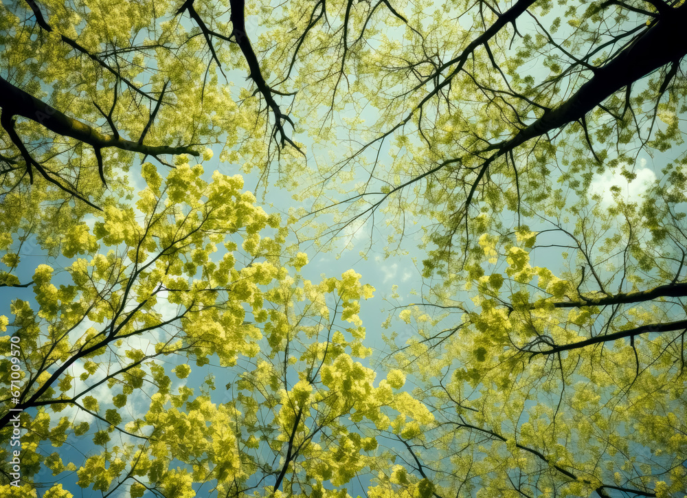 Open canopy trees with green foliage looking into the sky, green and yellow sycamores. Open canopy trees with green foliage looking into the sky, green and yellow sycamores.