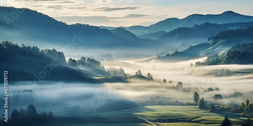 landscape with fog,ajestic Sunrise Over Mountain Peaks photo