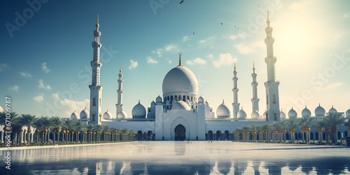 grand mosque from distance with clear blue sky realistic sky moon white background muslim edition great mosque image with sky background Ai Generative