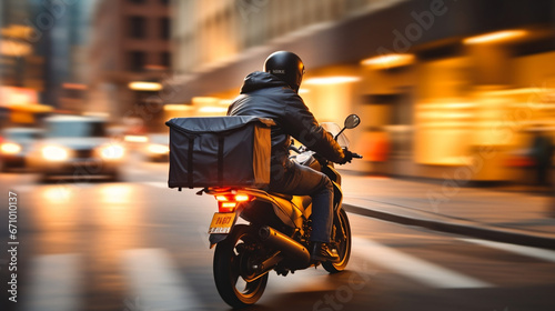 Delivery motorcycle biker rider on blurred motion city traffic at sunset