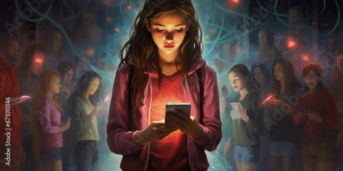 Illustration depicting the dangers of the Internet with Teenagers using laptops surrounded by online Demons and Trolls