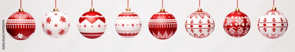 a red and white pattern of red christmas ornaments hanging from strings, of logo, tras y figuras, hanging scroll, happycore - obrazy, fototapety, plakaty 