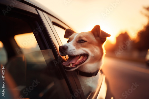 Generative Ai image of a cute happy dog looking out of car window.. © JoseLuis