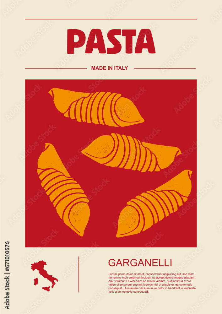 Italian macaroni types, labels for packages set. Garganelli pasta. Organic and natural product, gourmet ingredient for cooking dishes. Handmade and tasty. Vector in flat style