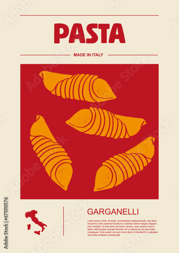Italian macaroni types, labels for packages set. Garganelli pasta. Organic and natural product, gourmet ingredient for cooking dishes. Handmade and tasty. Vector in flat style