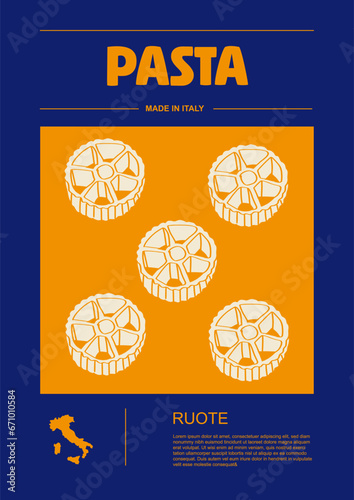Italian macaroni types, labels for packages set. Ruote pasta. Organic and natural product, gourmet ingredient for cooking dishes. Handmade and tasty. Vector in flat style