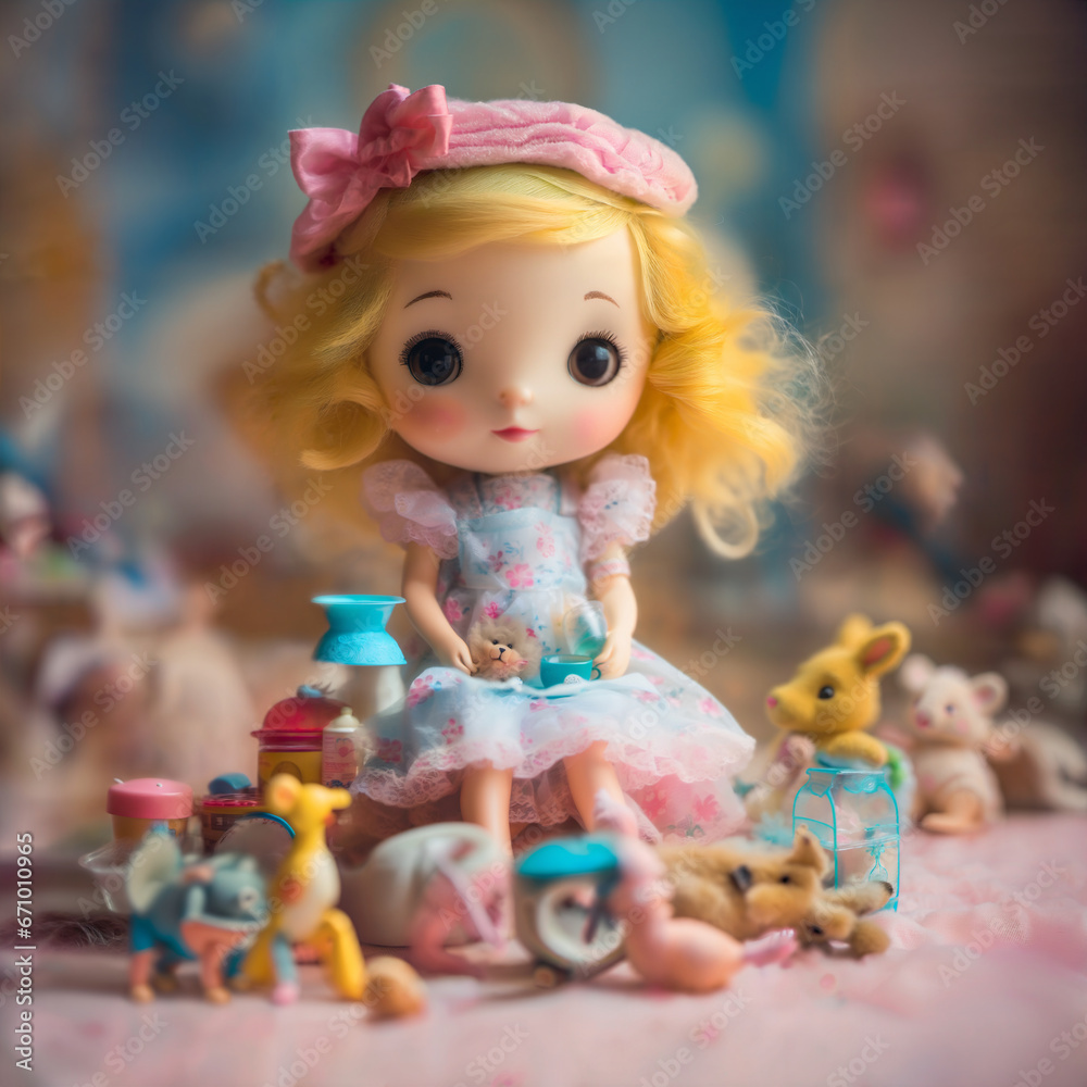 Fototapeta premium Wonderland. A little girl in a wonderful country, a magical forest of toys, bunnies and fairies 