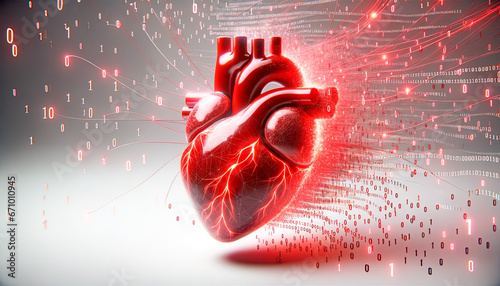 Digital heart, red and vibrant, pulsating with streams of binary code . The heart symbolizes the emotional potential of AI, while the flowing code represents its logical foundation