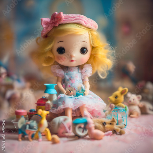 Wonderland. A little girl in a wonderful country  a magical forest of toys  bunnies and fairies 