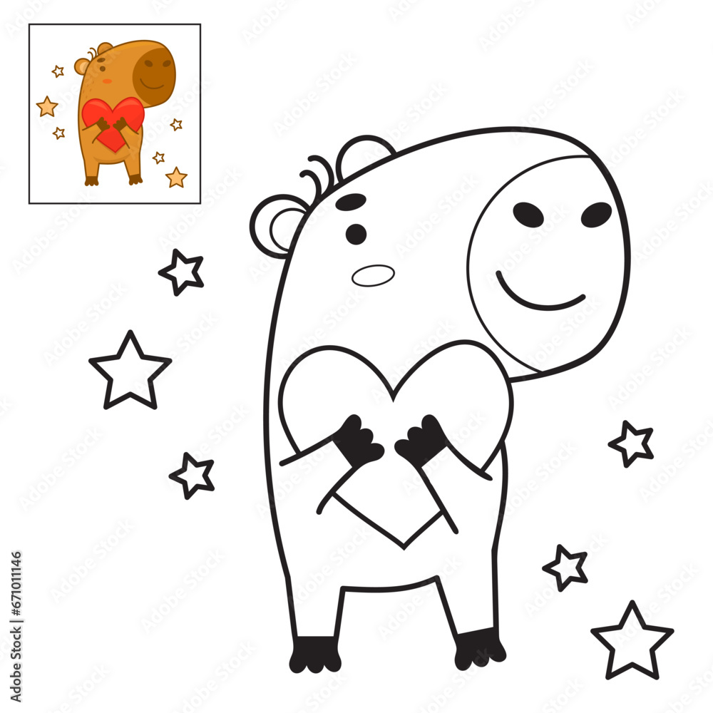 Cute capybara hugging heart. Vector illustration. Funny animal character rodent. linear hand drawing, coloring book. kids collection. Cute capybara hugging heart. Vector illustration. Funny animal character rodent. linear hand drawing, coloring book. kids collection.