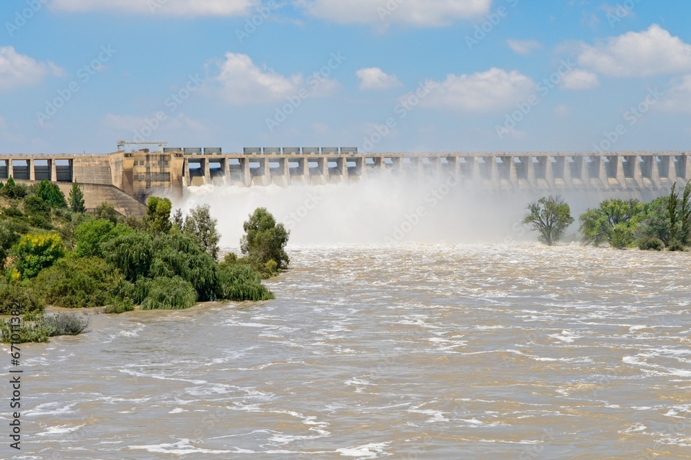 Vaal dam in South Africa with open sluice gates