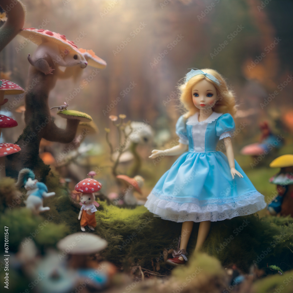 Fototapeta premium Wonderland. A little girl in a wonderful country, a magical forest of toys, bunnies and fairies 