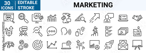 set of 30 line web icons Digital marketing. Seo. Containing business and marketing, traffic, ranking, optimization. Editable stroke.
