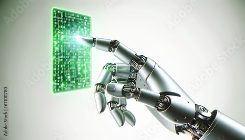 modern robotic hand, silver in color, reaching out to touch a glowing digital screen displaying binary code in green