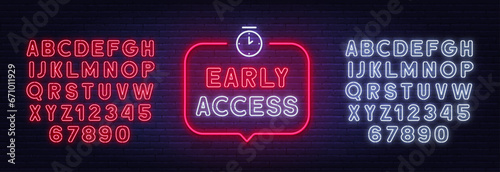 Early Access neon neon sign in the speech bubble on brick wall background.