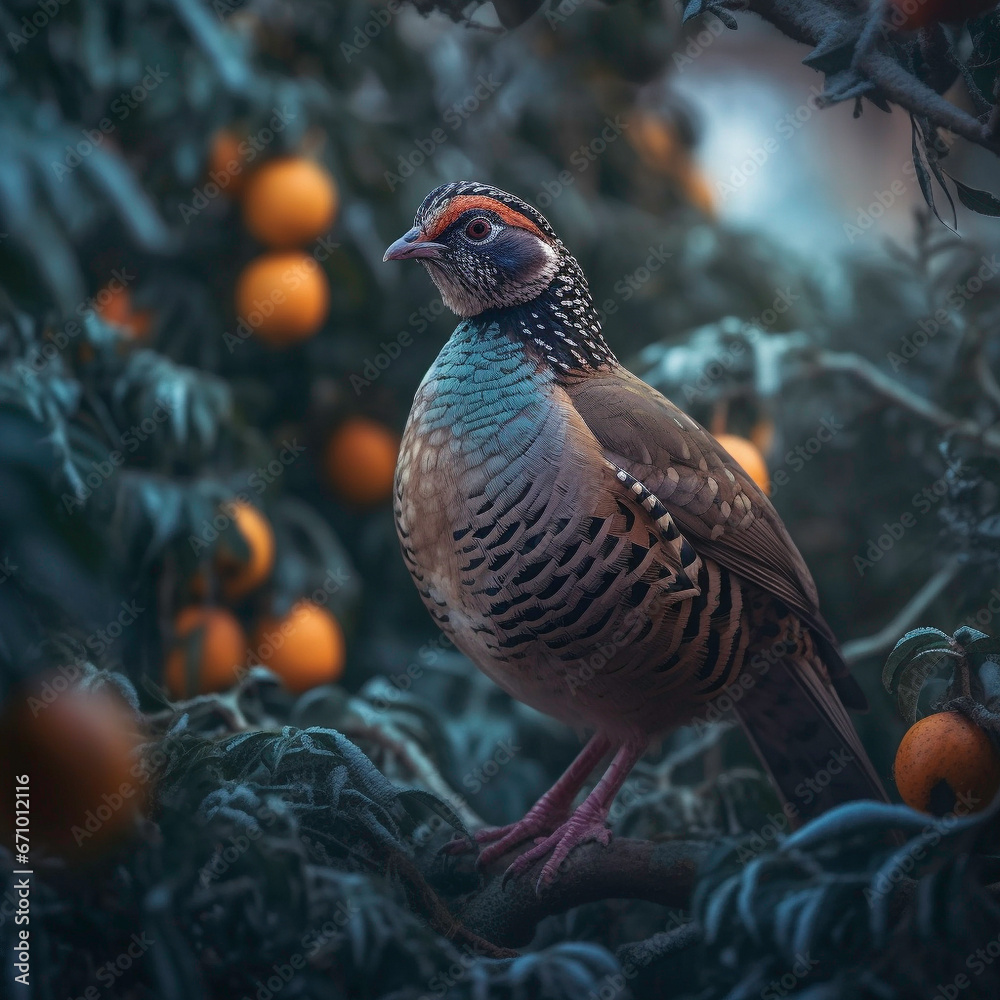 Obraz premium Patrridge in a pear tree, festive frosty snowy background