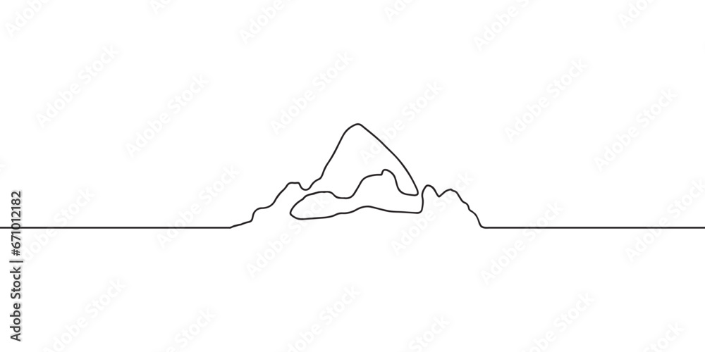 One continuous line drawing of mountain range landscape. Top view of mounts in simple linear style. Doodle vector illustration One continuous line drawing of mountain range landscape. Top view of mounts in simple linear style. Doodle vector illustration