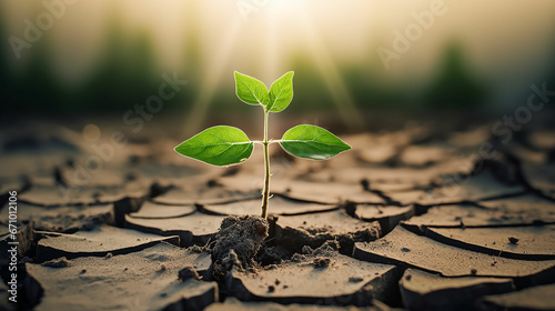 Green plant grow in middle dry cracked earth. recovery environmental from damage of climate change and human activities concept. Made with generative ai