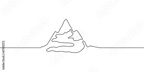 One continuous line drawing of mountain range landscape. Top view of mounts in simple outline style. Adventure hiking and winter sports concept isolated on white background. Doodle vector illustration