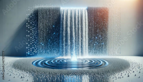 cascading waterfall, but instead of water, streams of binary code flow down, shimmering in silvery light. At the base, a digital pond collects the flowing data, ripples expanding outward