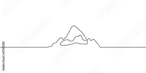 One continuous line drawing of mountain range landscape. Top view of mounts in simple linear style. Doodle vector illustration